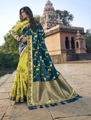 Blue embroidered banarasi silk saree with blouse 1