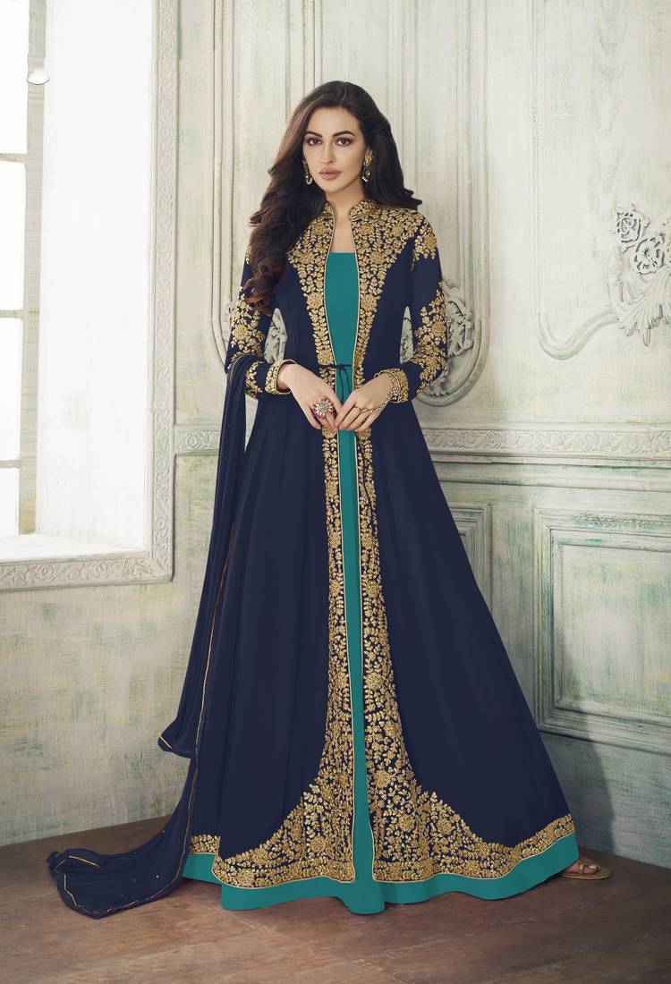 Navy-blue embroidered georgette salwar - Lilots - 3212529