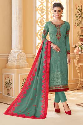 Teal embroidered faux georgette salwar 1