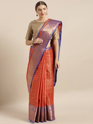 Red woven silk blend saree with blouse 1