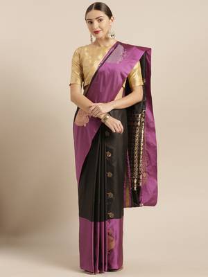 Black woven silk blend saree with blouse 1