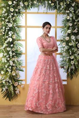 Peach Embroidered Net Semi Stitched Lehenga 1