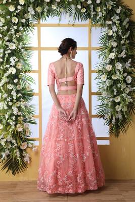 Peach Embroidered Net Semi Stitched Lehenga 4