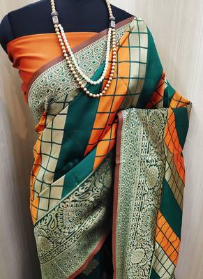 Mustard And Green woven banarasi saree with blouse 1