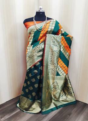 Mustard And Green woven banarasi saree with blouse 2
