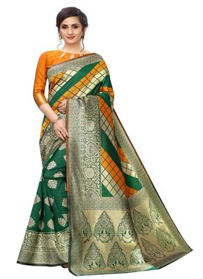 Mustard And Green woven banarasi saree with blouse 3