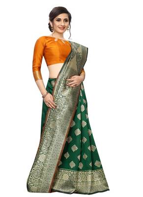 Mustard And Green woven banarasi saree with blouse 4