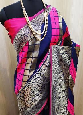 Pink And  Blue woven banarasi saree with blouse 1