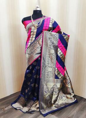 Pink And  Blue woven banarasi saree with blouse 2