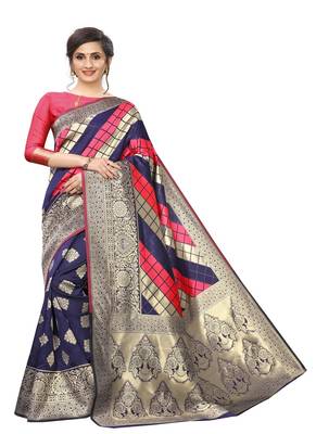 Pink And  Blue woven banarasi saree with blouse 3