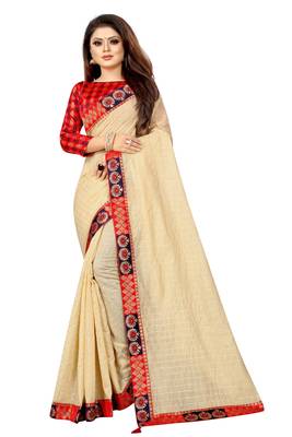 Cream woven pure poly cotton saree with blouse 1