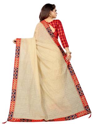 Cream woven pure poly cotton saree with blouse 3