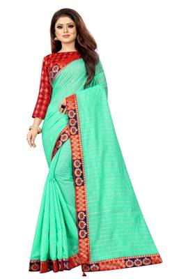Green woven pure poly cotton saree with blouse 1