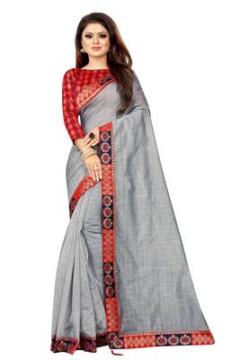 Grey woven pure poly cotton saree with blouse 1
