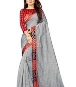 Grey woven pure poly cotton saree with blouse