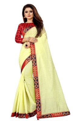 Light yellow woven pure poly cotton saree with blouse 1