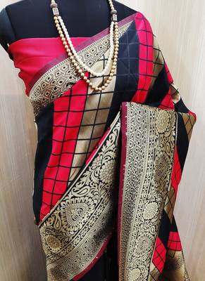 Red And Black woven banarasi saree with blouse 1