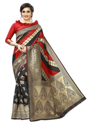 Red And Black woven banarasi saree with blouse 3