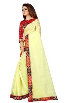 Light yellow woven pure poly cotton saree with blouse 2