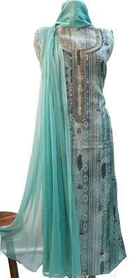Turquoise Print Handwork Viscose Chanderi Unstitched Suit 1