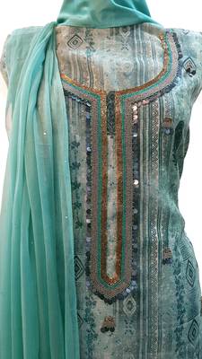 Turquoise Print Handwork Viscose Chanderi Unstitched Suit 2