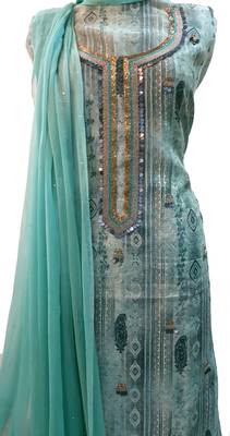 Turquoise Print Handwork Viscose Chanderi Unstitched Suit 3