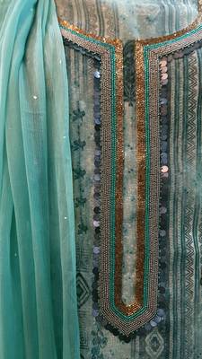 Turquoise Print Handwork Viscose Chanderi Unstitched Suit 4