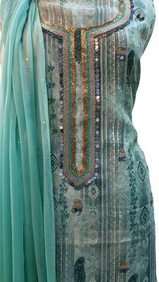 Turquoise Print Handwork Viscose Chanderi Unstitched Suit 5