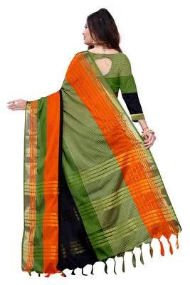 Kimisha Multicolor Cotton Silk Border Work Stripes Pattern saree With Running Blouse 2