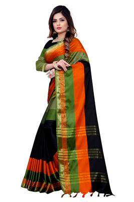 Kimisha Multicolor Cotton Silk Border Work Stripes Pattern saree With Running Blouse 5