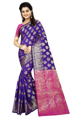 Kimisha Purple Art Silk Jacquard Work Banarasi Saree With Contrast Color Blouse 1