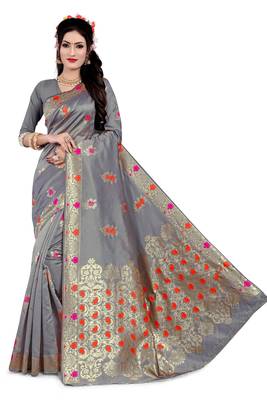 Kimisha Grey Semi Banarasi Silk Woven Work Banarasi Saree With Running Blouse 1