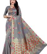 Kimisha Grey Semi Banarasi Silk Woven Work Banarasi Saree With Running Blouse