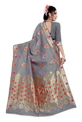 Kimisha Grey Semi Banarasi Silk Woven Work Banarasi Saree With Running Blouse 2