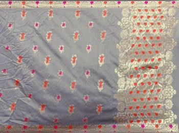 Kimisha Grey Semi Banarasi Silk Woven Work Banarasi Saree With Running Blouse 4