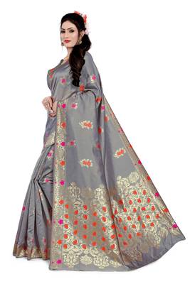 Kimisha Grey Semi Banarasi Silk Woven Work Banarasi Saree With Running Blouse 5