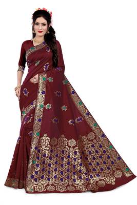Kimisha Maroon Semi Banarasi Silk Woven Work Banarasi Saree With Running Blouse 1