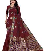 Kimisha Maroon Semi Banarasi Silk Woven Work Banarasi Saree With Running Blouse