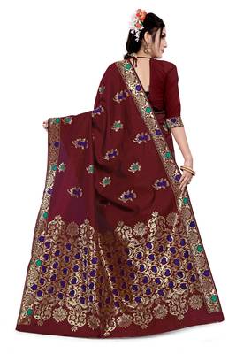 Kimisha Maroon Semi Banarasi Silk Woven Work Banarasi Saree With Running Blouse 2