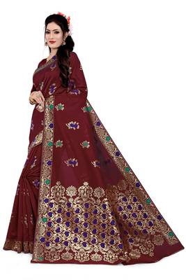 Kimisha Maroon Semi Banarasi Silk Woven Work Banarasi Saree With Running Blouse 5