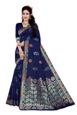 Kimisha Nblue Semi Banarasi Silk Woven Work Banarasi Saree With Running Blouse 1