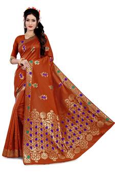 Kimisha Orange Semi Banarasi Silk Woven Work Banarasi Saree With Running Blouse