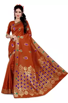 Kimisha Orange Semi Banarasi Silk Woven Work Banarasi Saree With Running Blouse