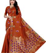 Kimisha Orange Semi Banarasi Silk Woven Work Banarasi Saree With Running Blouse