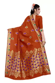 Kimisha Orange Semi Banarasi silk blend Woven Work Banarasi Saree With Running Blouse