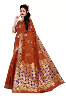 Kimisha Orange Semi Banarasi silk blend Woven Work Banarasi Saree With Running Blouse