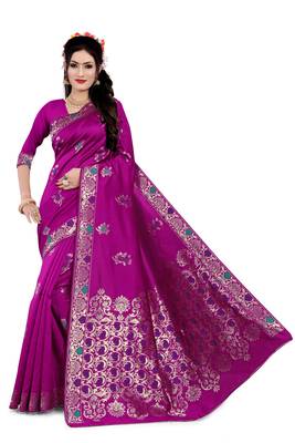 Kimisha Pink Semi Banarasi Silk Woven Work Banarasi Saree With Running Blouse 1