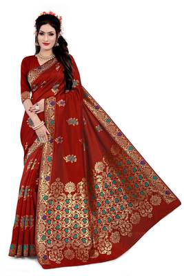 Kimisha Red Semi Banarasi Silk Woven Work Banarasi Saree With Running Blouse 1