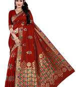 Kimisha Red Semi Banarasi Silk Woven Work Banarasi Saree With Running Blouse