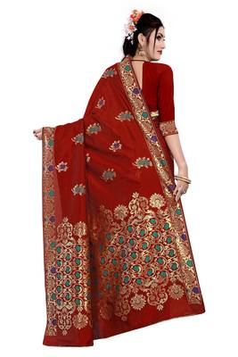 Kimisha Red Semi Banarasi Silk Woven Work Banarasi Saree With Running Blouse 2
